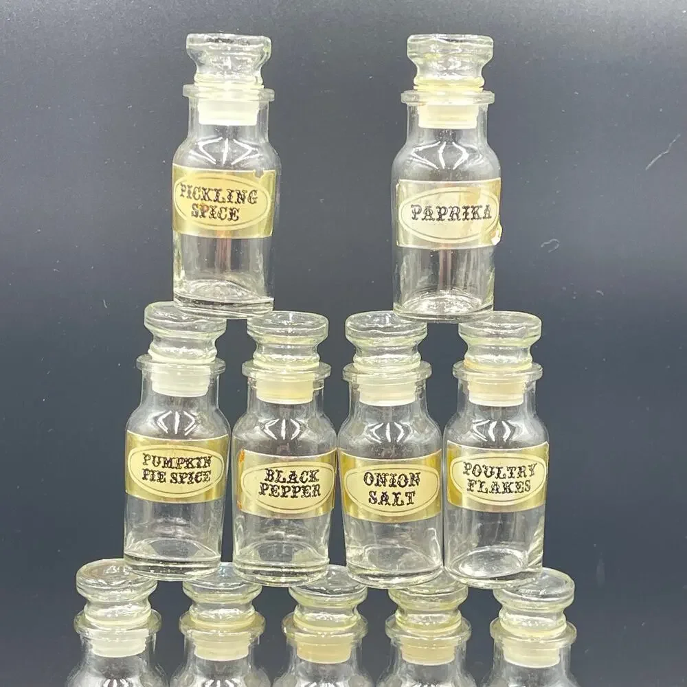 Vintage Spice Apothecary Jars Clear Glass Bottles Lot of 17 MCM